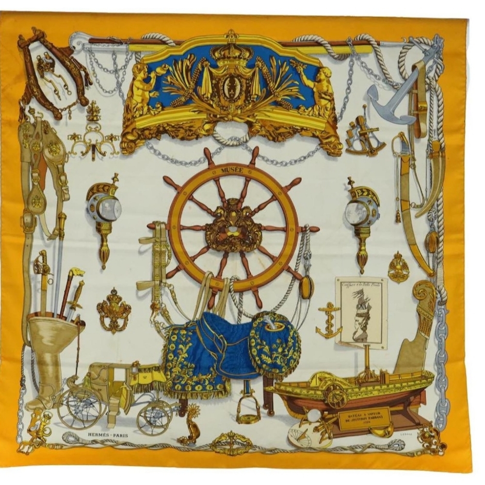 Hermes Silk Scarf Ledeau Tan "MUSEE". VERY RARE. Comes With Box. 90cm. 35"x35"